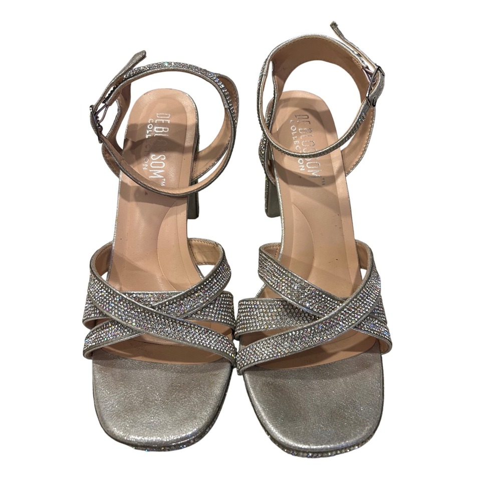 De Blossom Collection Silver Rhinestone Block Heel Platform Sandals
